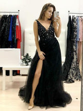 Black Sequins Beaded A-Line V-Neck Tulle Backless Long Prom Dress with Split